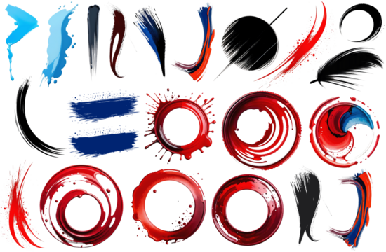 Collection of colorful design elements on transparent background. Set of multicolored abstract shapes in grunge style on transparent background.