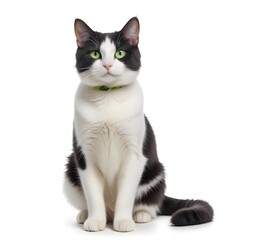 Isolated black and white cat with bright green eyes, on a white background