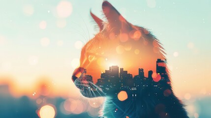 Silhouette of a cat with a cityscape superimposed over it at sunset.