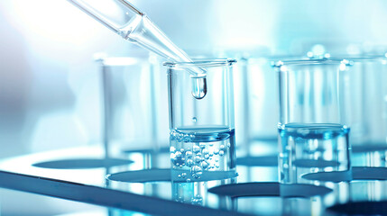 Laboratory equipment with a pipette adding fluid to test tubes focused and realistic bright and clean background ultra-detailed rendering 