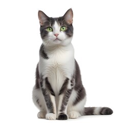 Obraz premium Isolated gray and white cat with bright green eyes, on a white background