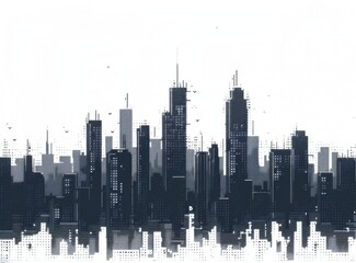 Fototapeta premium vector graphic of pixel blocks forming the silhouette of tall buildings in an urban cityscape, white background,