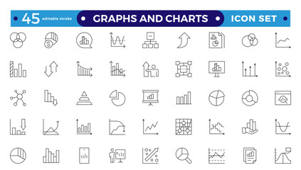 Growing bar graph icon set. Business graphs and charts icons. Statistics and analytics  Outline icon. Statistic and data, charts diagrams, money, down or up arrow. Editable stroke outline icon
