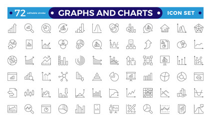 Growing bar graph icon set. Business graphs and charts icons. Statistics and analytics  Outline icon. Statistic and data, charts diagrams, money, down or up arrow. Editable stroke outline icon