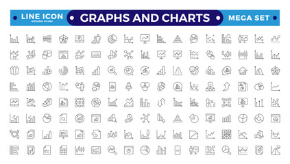 Growing bar graph icon set. Business graphs and charts icons. Statistics and analytics  Outline icon. Statistic and data, charts diagrams, money, down or up arrow. Editable stroke outline icon