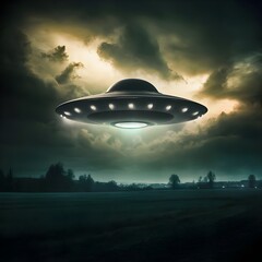 Obraz premium UFO, flying spaceship at open fields, night time.