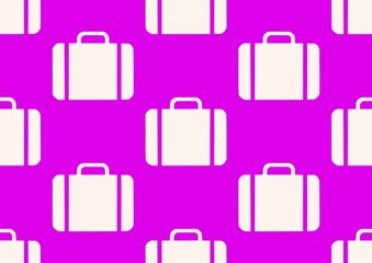 White suitcase and purple background. Pattern with a suitcase. Seamless suitcase. Suitcase icon. Postcard. Business card. Pattern with a bag