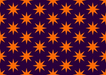Pattern with a orange star. Seamless stars. Star icon. Postcard. Business card. Bright orange sun, pop art style template sparkling pattern. Violet background