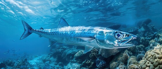 Fototapeta premium Barracuda swimming through blue waters