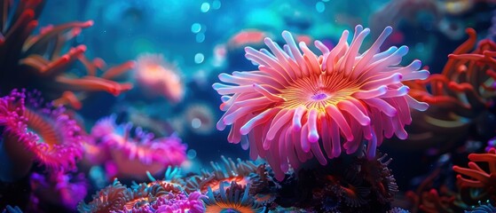 Obraz premium Beautiful anemones swaying with the current on a lively reef