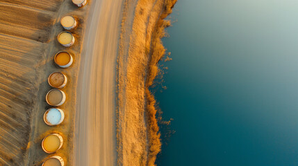 aerial view of industrial ponds and road