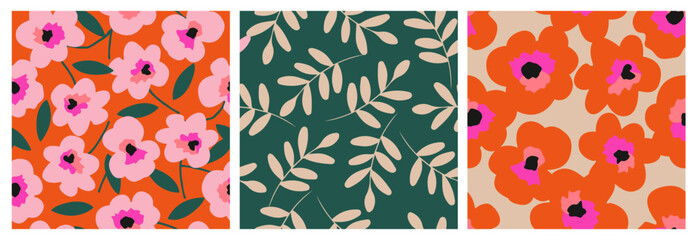 Set of hand drawn flowers, seamless patterns with floral for fabric, textiles, clothing, wrapping paper, cover, banner, interior decor, abstract backgrounds.