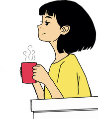 A teenage girl holds a glass of hot drink on a good day.
