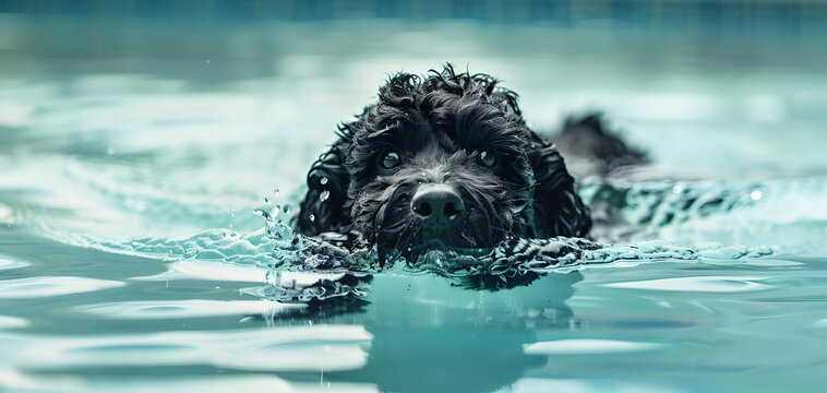 A Portuguese Water Dog swimming in a pool