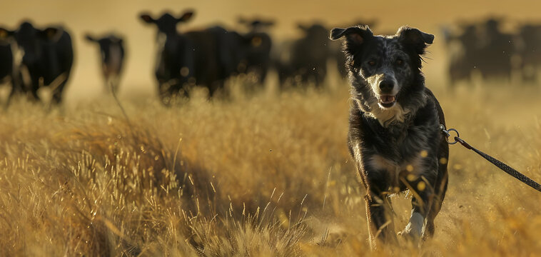 A Australian Cattle Dog herding cattle