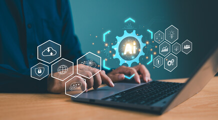 AI, artificial intelligence generate or analytics software computer website.  Businessman use expert technology AI help business. Chat bot, Chat AI analysis CRM code. Big data tech tool background .