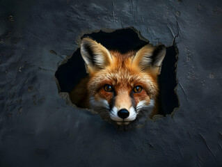 Obraz premium A fox peeking through a torn hole