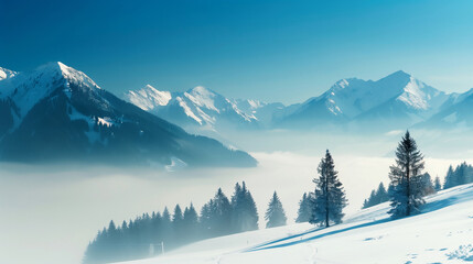 snowy mountain landscape with pine trees