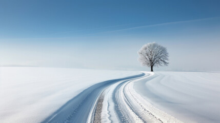 lone tree and snow-covered path under a clear sky