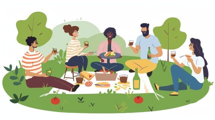 Obraz premium A group of friends sharing a meal at a picnic in the park