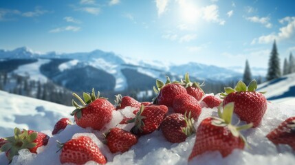 strawberries on the snow close-up