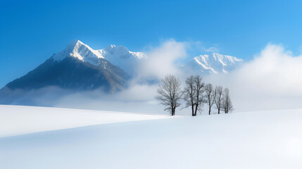 snowy plain with mountains and bare trees