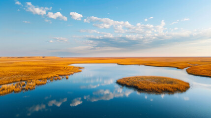 aerial view of autumn marsh with reflecting sky