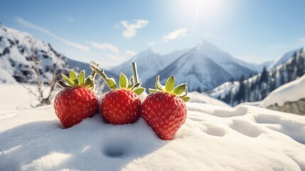 strawberries on the snow close-up