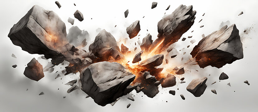  Rock stone white background fall black falling space isolated splash dust mountain cliff flying. Earth stone boulder texture rock abstract broken powder white dirt blast float burst fantasy surface. 