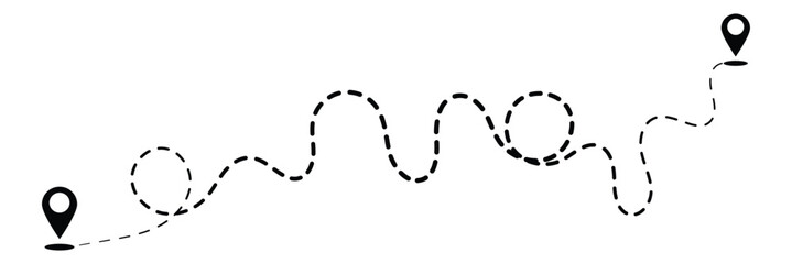 Route icon - two points with dotted path and location pin. Route location icon two pin sign and dotted line. Travel vector icon. Travel from start point and dotted line tracing.