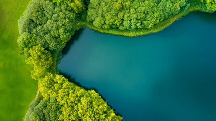 aerial view of a lake surrounded by dense forest