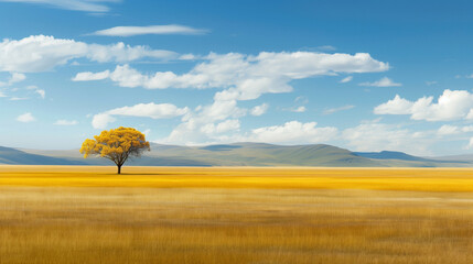 lone tree in a golden field under a blue sky