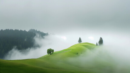 misty green hills with trees emerging from the fog