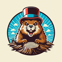 groundhog with sunset and retro-style vector t-shirt design