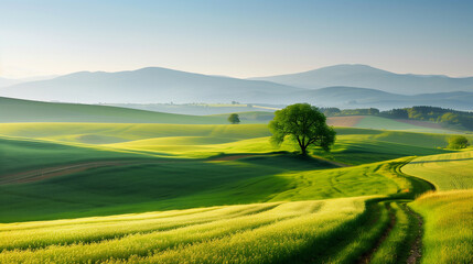 green hills and winding path under a bright sky