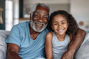 Obraz premium african american grandfather and granddaughter resting on the couch cuddled together