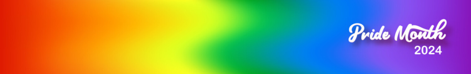 Pride month 2024 horizontal wide banner with gradient with pride colors flag background. LGBTQ Pride month 2024 or pride day poster, flyer, banner, logo modern style design template.