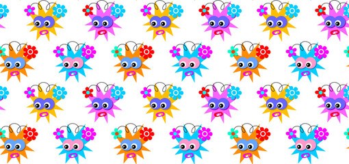 Colorful funny seamless pattern with contemporary characters with face emotions for wrapping paper, flyer, poster, cover design, sticker, fabric, textile and toys. Childish illustration