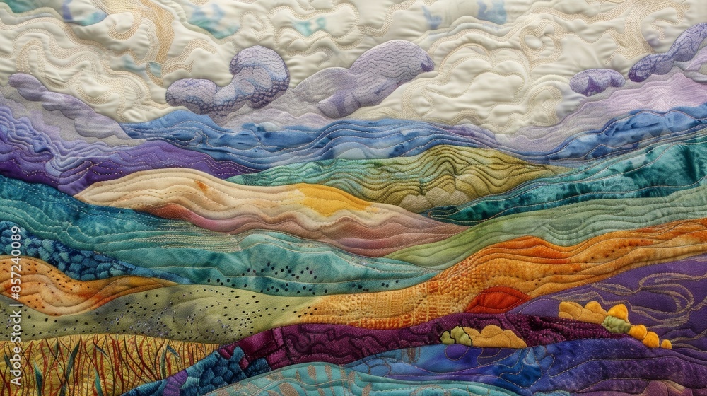 Poster amidst a field of swirling clouds the tapestry seems to be on a journey its destination unknown but 