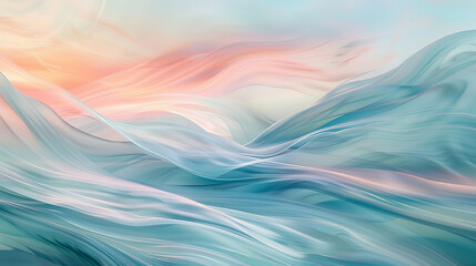 A blue and pink ocean with waves and a sunset in the background