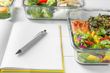 Healthy meal. Open notebook and containers with different products on white wooden table