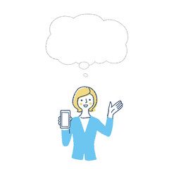 スマートフォンの画面を見せて説明する女性とフキダシ