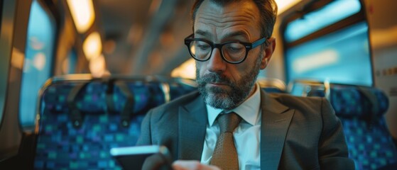 Businessman checking his smartphone while commuting on a train