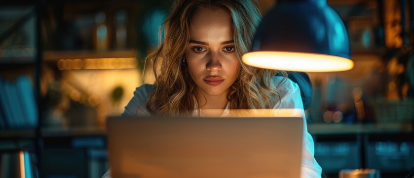 Businesswoman analyzing digital recovery process on laptop screen, modern office setting, evening light