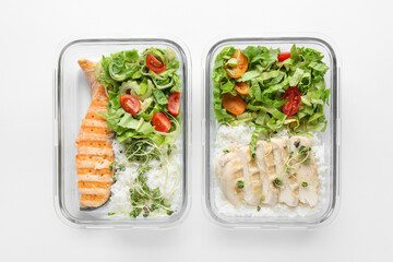 Healthy food. Different meals in glass containers on white background, top view