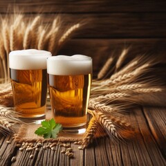 Glasses of light beer with spikelets of barley on the wooden background.  Copy space for text