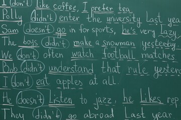 English grammar rules written with chalk on green board