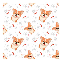 Seamless pattern with cartoon funny corgi, isolated on a white background.