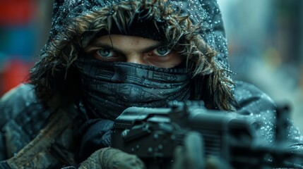 A man wearing a dark mask and jacket is standing while holding a firearm.