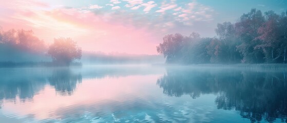 Clear 8K background of a calm lake at dawn, with mist rising and soft pastel colors, perfect for peaceful themes